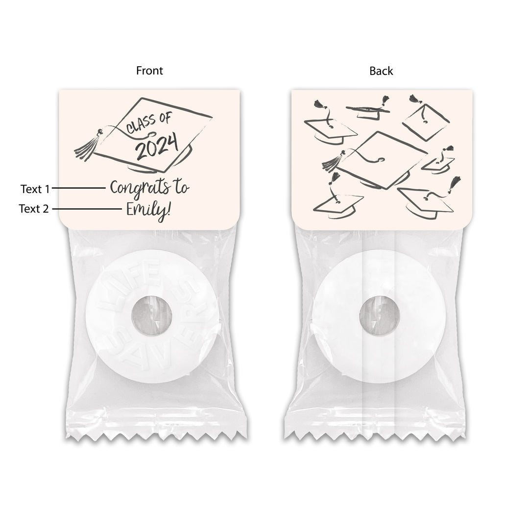 Graduation Life Saver Mint Favors, Hand Drawn Cap Mortarboard Sketch