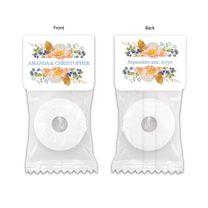 Personalized Fall Wedding Favor Mints, Custom Wedding Life Savers, Peach &amp; Blue Florals