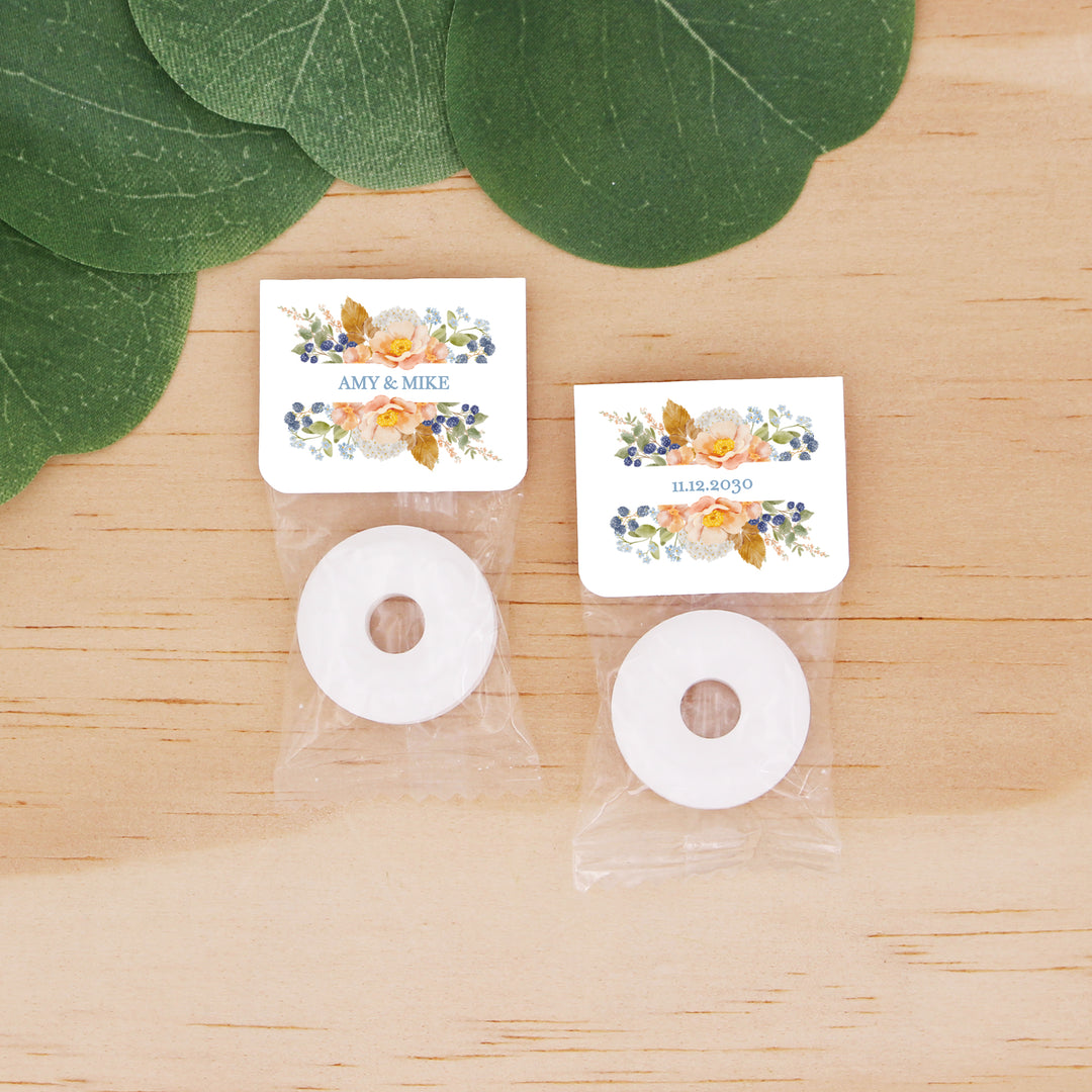 Personalized Fall Wedding Favor Mints, Custom Wedding Life Savers, Peach &amp; Blue Florals