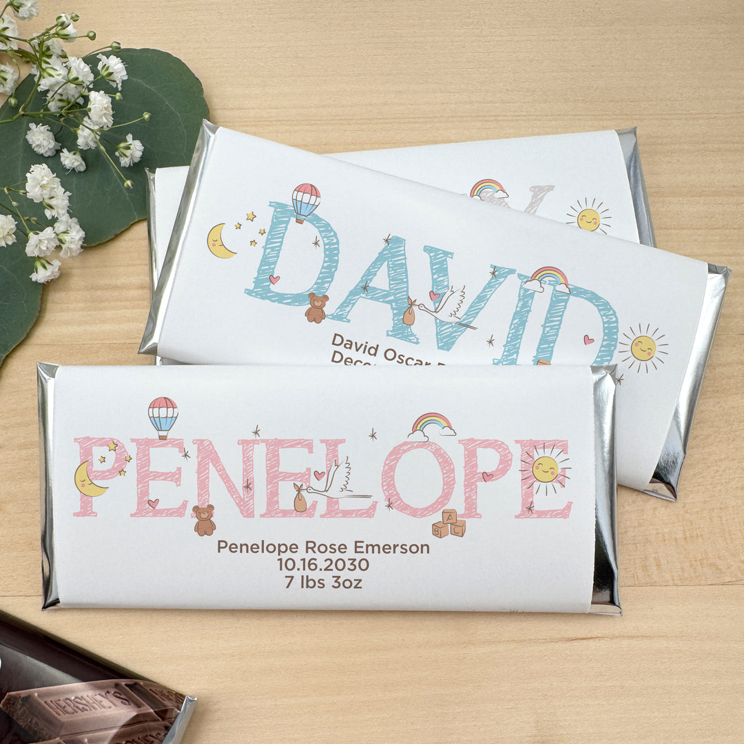 Personalized Hershey®’s Bars, Custom Chocolate Bar, Birth Announcement, Baby Name Doodles