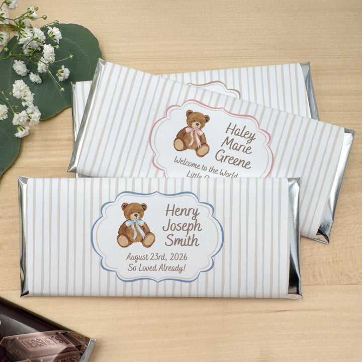Personalized Hershey®’s Bars, Custom Chocolate Bar, Birth Announcement, Bear with Ribbon Bow