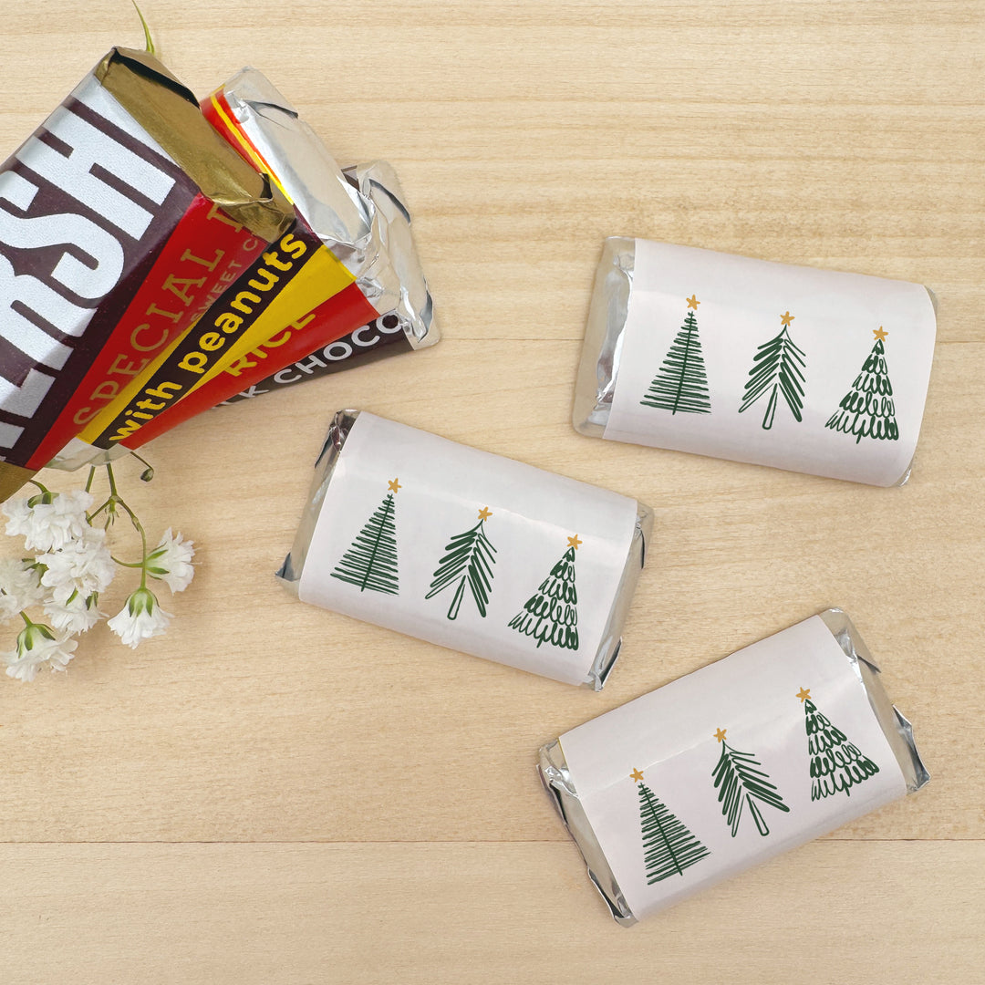 Assorted Hershey®’s Miniatures™, Doodle Christmas Tree Mini Chocolate Bars Personalized, Assorted Chocolate Minis or Wrappers Only, Christmas Tree Doodles
