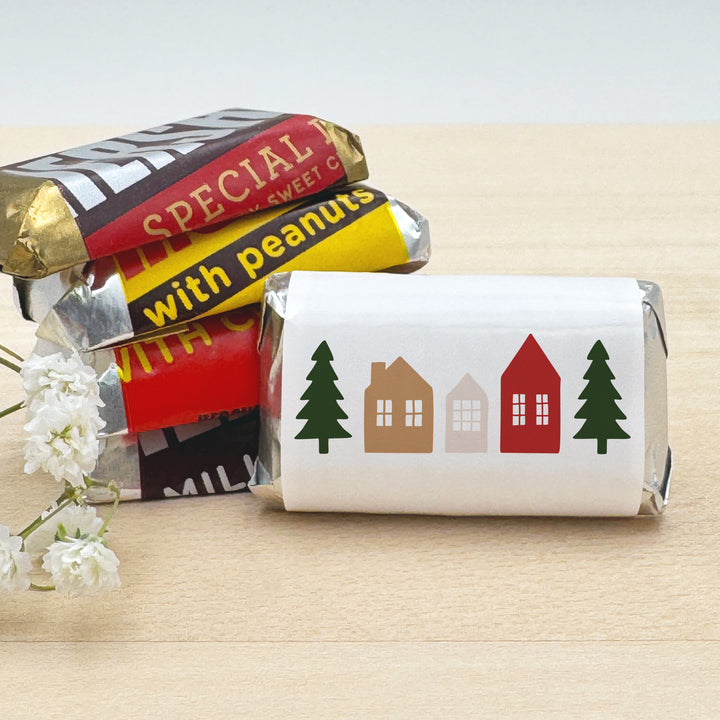Assorted Hershey®’s Miniatures™, Christmas Village Mini Chocolate Bars Personalized, Assorted Chocolate Miniatures or Wrappers Only, Christmas Village