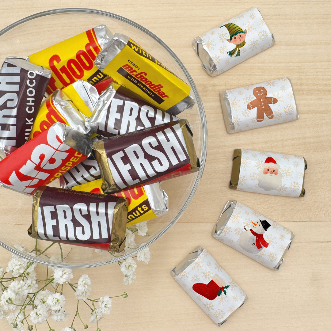 Assorted Hershey®’s Miniatures™, Christmas Mini Chocolate Bars Personalized, Assorted Chocolate Minis or Wrappers Only, Holiday Icons