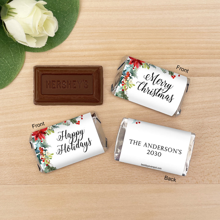 Assorted Hershey®’s Miniatures™, Poinsettia Miniature Chocolate Bars Personalized, Assorted Chocolate Minis or Wrappers Only, Holiday Poinsettia