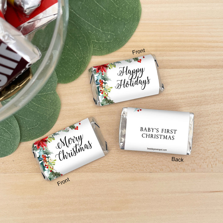 Assorted Hershey®’s Miniatures™, Poinsettia Miniature Chocolate Bars Personalized, Assorted Chocolate Minis or Wrappers Only, Holiday Poinsettia
