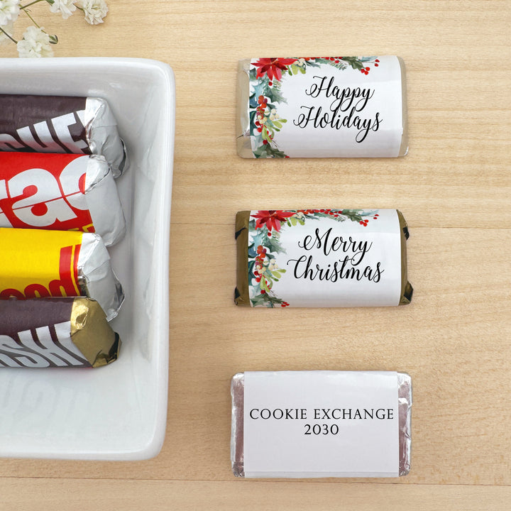 Assorted Hershey®’s Miniatures™, Poinsettia Miniature Chocolate Bars Personalized, Assorted Chocolate Minis or Wrappers Only, Holiday Poinsettia
