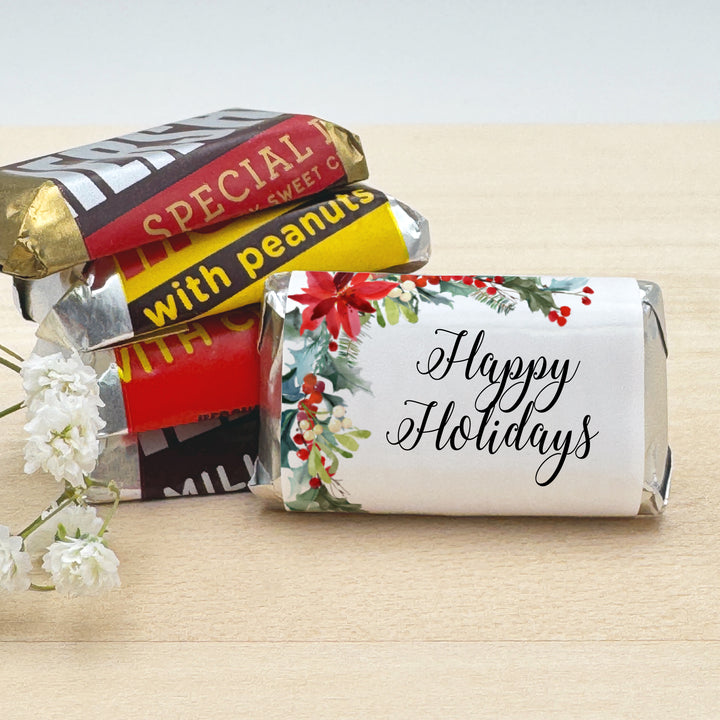 Assorted Hershey®’s Miniatures™, Poinsettia Miniature Chocolate Bars Personalized, Assorted Chocolate Minis or Wrappers Only, Holiday Poinsettia
