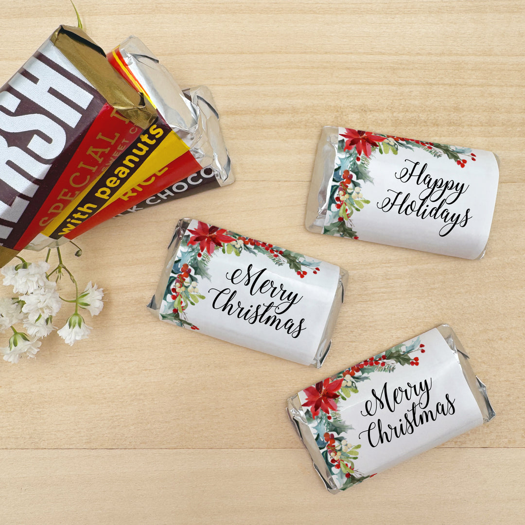 Assorted Hershey®’s Miniatures™, Poinsettia Miniature Chocolate Bars Personalized, Assorted Chocolate Minis or Wrappers Only, Holiday Poinsettia