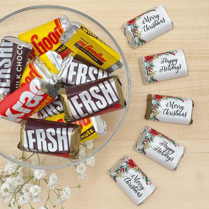 Assorted Hershey®’s Miniatures™, Poinsettia Miniature Chocolate Bars Personalized, Assorted Chocolate Minis or Wrappers Only, Holiday Poinsettia
