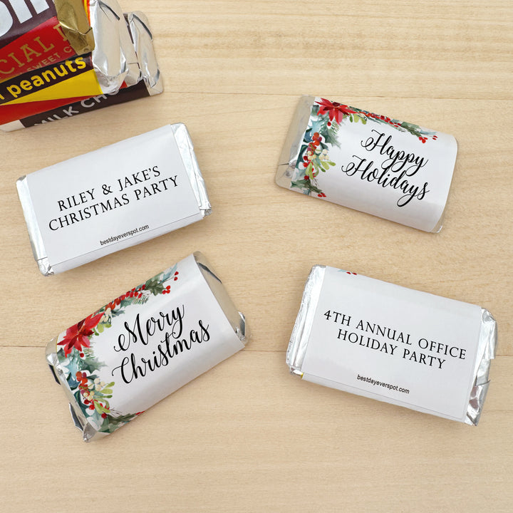 Assorted Hershey®’s Miniatures™, Poinsettia Miniature Chocolate Bars Personalized, Assorted Chocolate Minis or Wrappers Only, Holiday Poinsettia