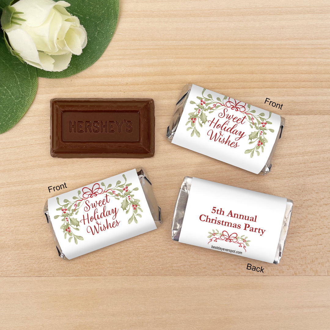 Assorted Hershey®’s Miniatures™, Holly and Berry Christmas Miniature Chocolate Bars Personalized, Assorted Chocolate Minis or Wrappers Only, Mistletoe &amp; Bows