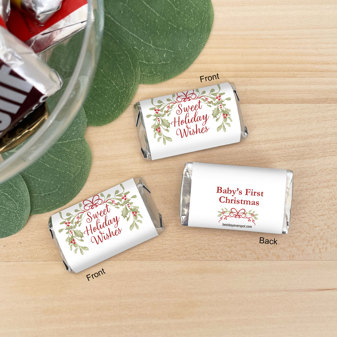 Assorted Hershey®’s Miniatures™, Holly and Berry Christmas Miniature Chocolate Bars Personalized, Assorted Chocolate Minis or Wrappers Only, Mistletoe &amp; Bows