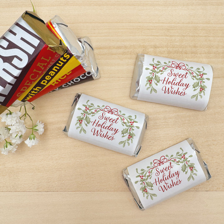 Assorted Hershey®’s Miniatures™, Holly and Berry Christmas Miniature Chocolate Bars Personalized, Assorted Chocolate Minis or Wrappers Only, Mistletoe &amp; Bows