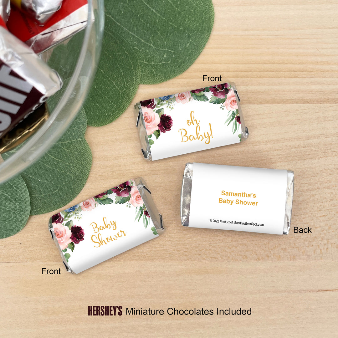 Burgundy Floral Themed Baby Shower, Hershey Miniatures, Baby Shower Favors