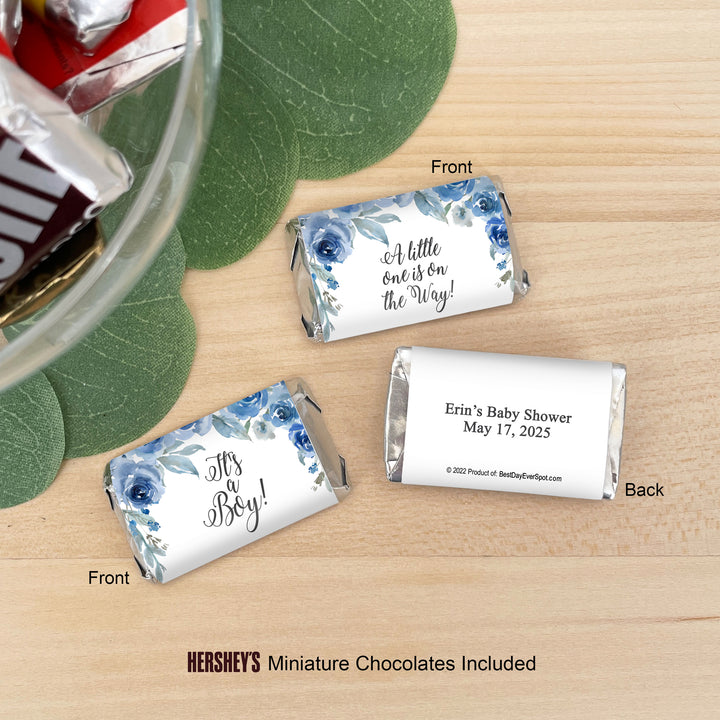 Blue Floral Themed Baby Shower, Hershey Miniatures, Baby Shower Favors