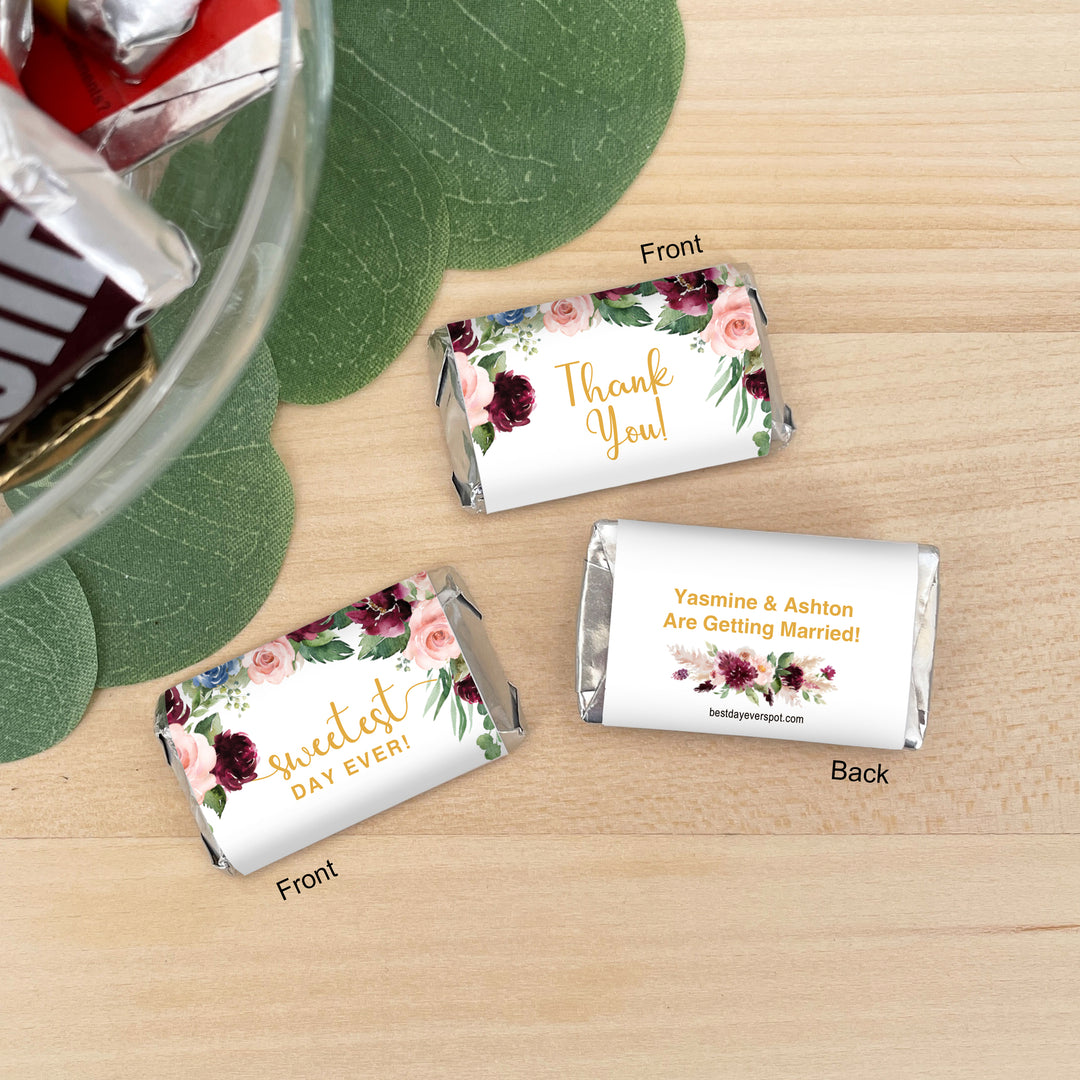 Wedding Favors, Hershey Miniatures, Bridal Shower Favors, Burgundy and Pink Floral