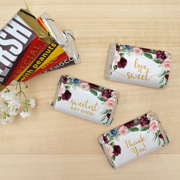 Wedding Favors, Hershey Miniatures, Bridal Shower Favors, Burgundy and Pink Floral