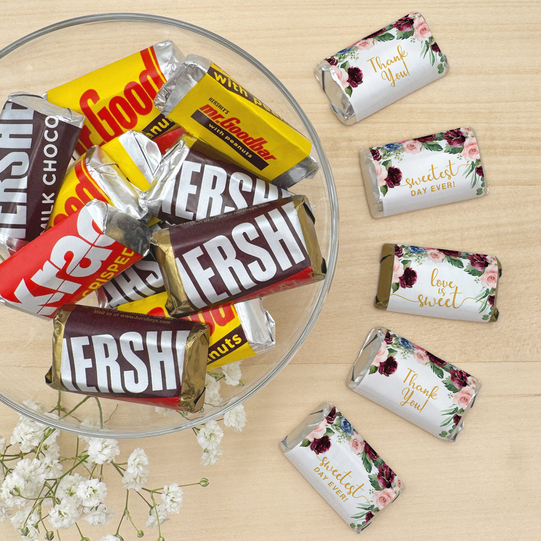Wedding Favors, Hershey Miniatures, Bridal Shower Favors, Burgundy and Pink Floral