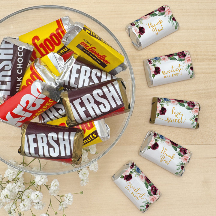 Wedding Favors, Hershey Miniatures, Bridal Shower Favors, Burgundy and Pink Floral