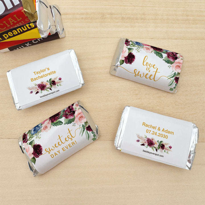 Wedding Favors, Hershey Miniatures, Bridal Shower Favors, Burgundy and Pink Floral