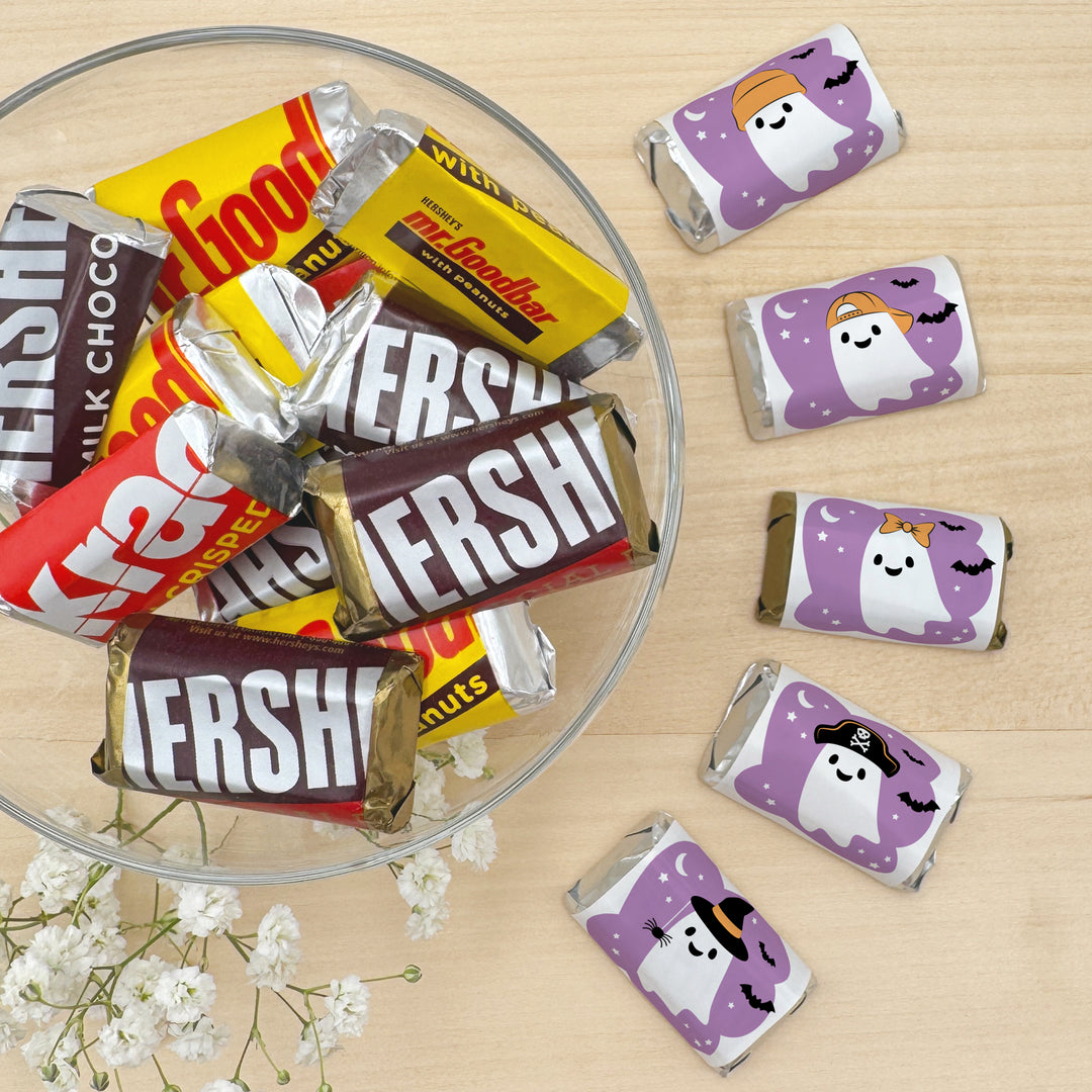 Assorted Hershey®’s Miniatures™, Halloween Party Treats, Personalized Trick-or-Treat Candy, Ghosts with Hats