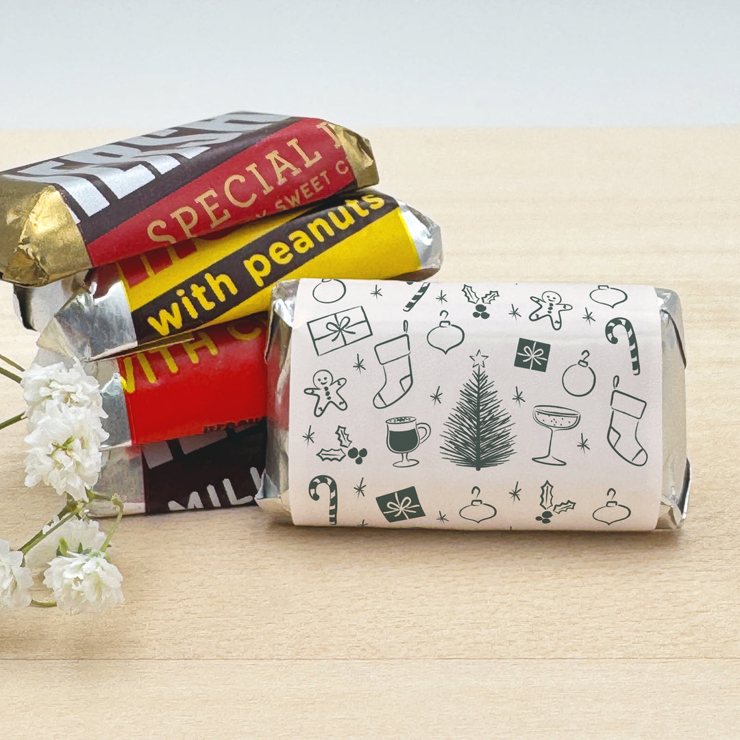 Assorted Hershey®’s Miniatures™, Christmas Mini Chocolate Bars Personalized, Assorted Chocolate Minis or Wrappers Only, Christmas Doodles