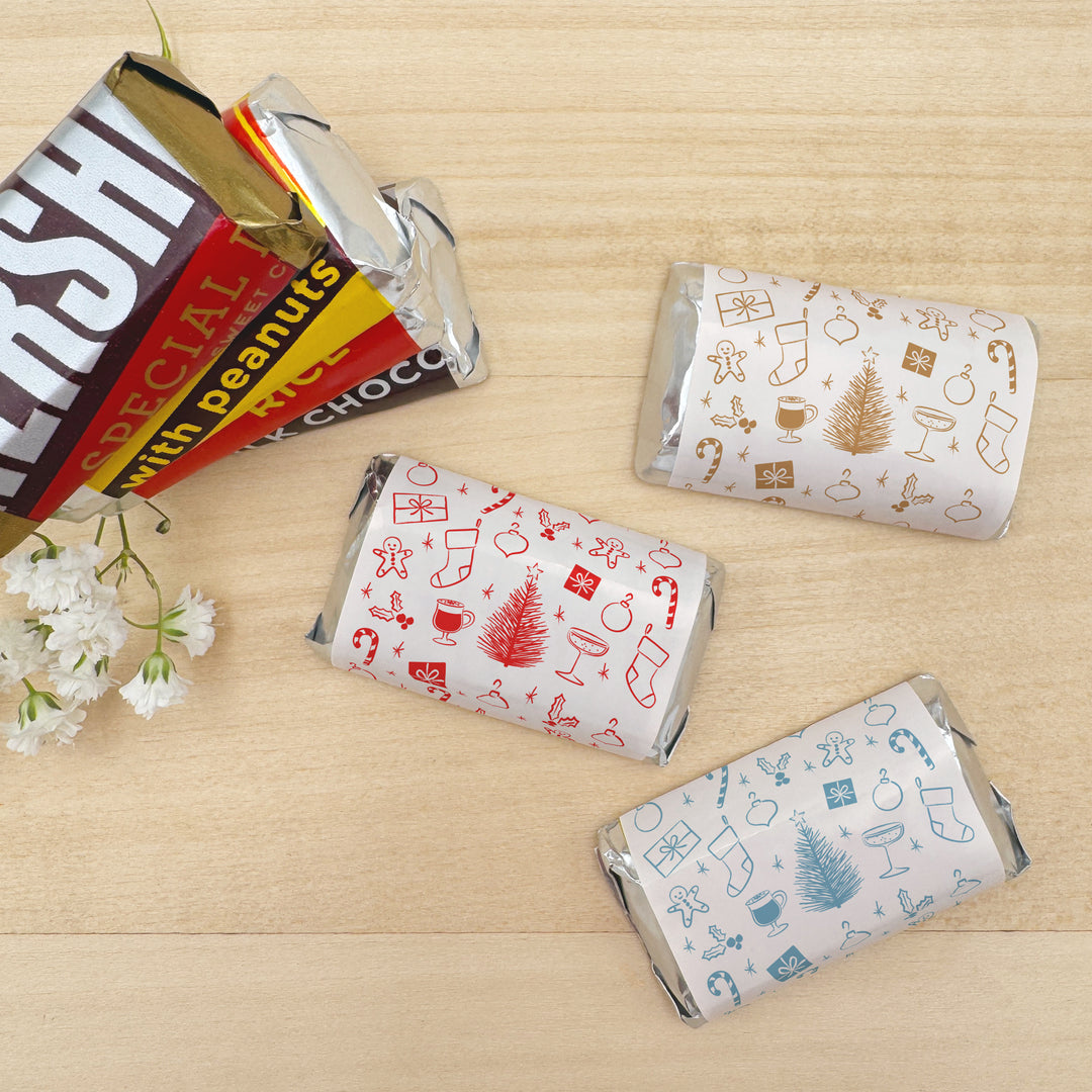 Assorted Hershey®’s Miniatures™, Christmas Mini Chocolate Bars Personalized, Assorted Chocolate Minis or Wrappers Only, Christmas Doodles