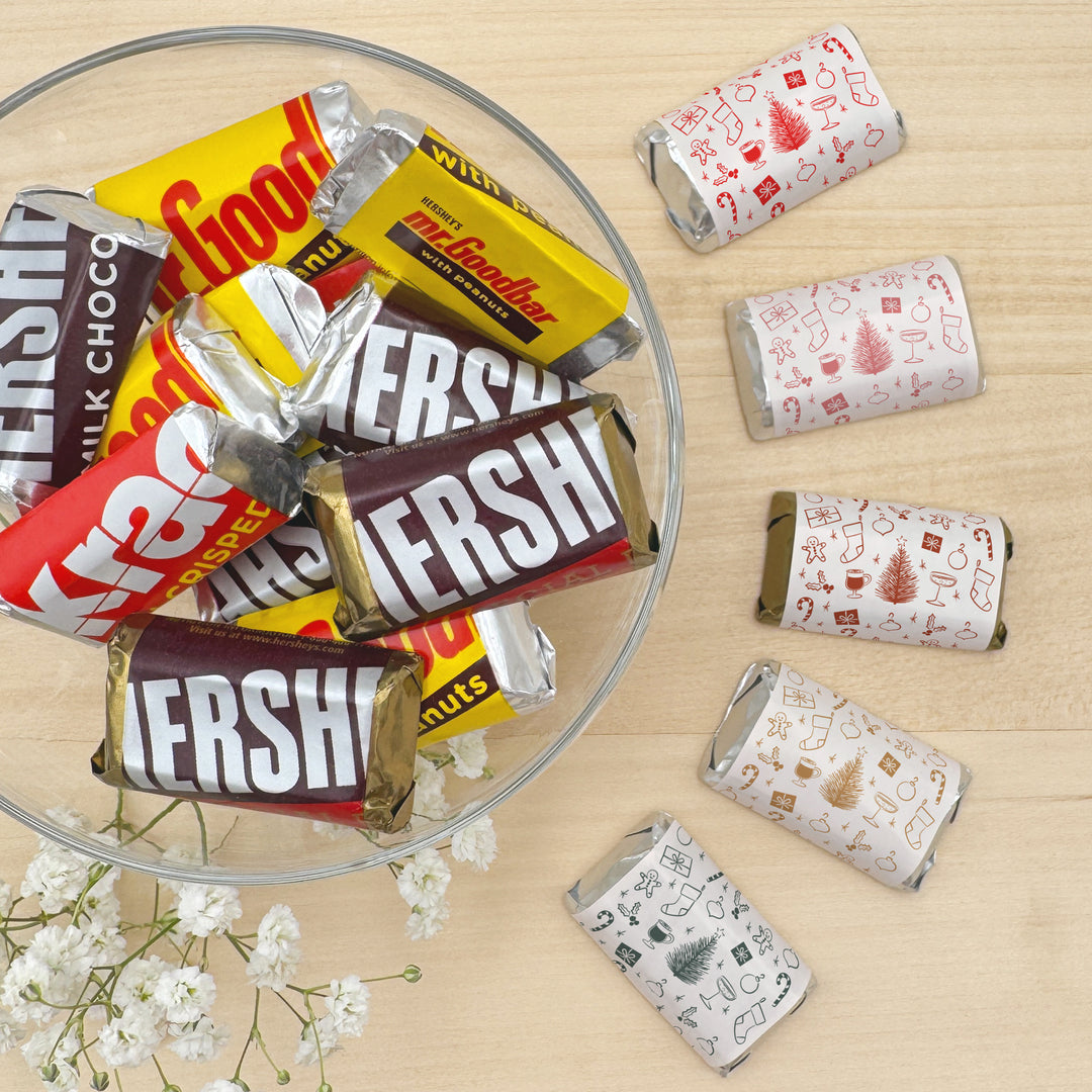 Assorted Hershey®’s Miniatures™, Christmas Mini Chocolate Bars Personalized, Assorted Chocolate Minis or Wrappers Only, Christmas Doodles
