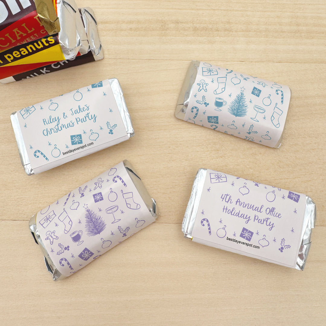 Assorted Hershey®’s Miniatures™, Christmas Mini Chocolate Bars Personalized, Assorted Chocolate Minis or Wrappers Only, Christmas Doodles