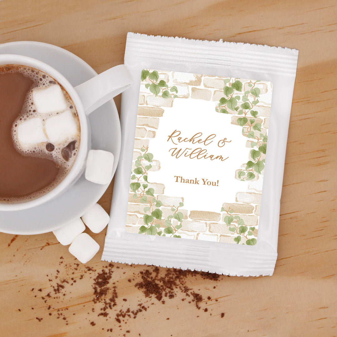 Cocoa Wedding Favors, Bridal Shower Hot Chocolate Favor, Cottage Themed Wedding. Stone Wall with Vines