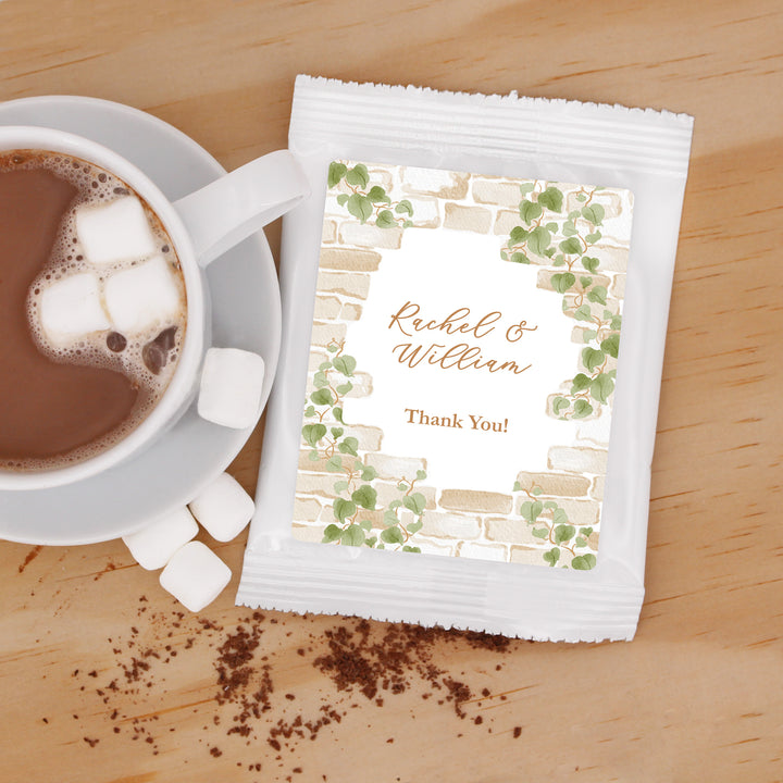 Cocoa Wedding Favors, Bridal Shower Hot Chocolate Favor, Cottage Themed Wedding. Stone Wall with Vines