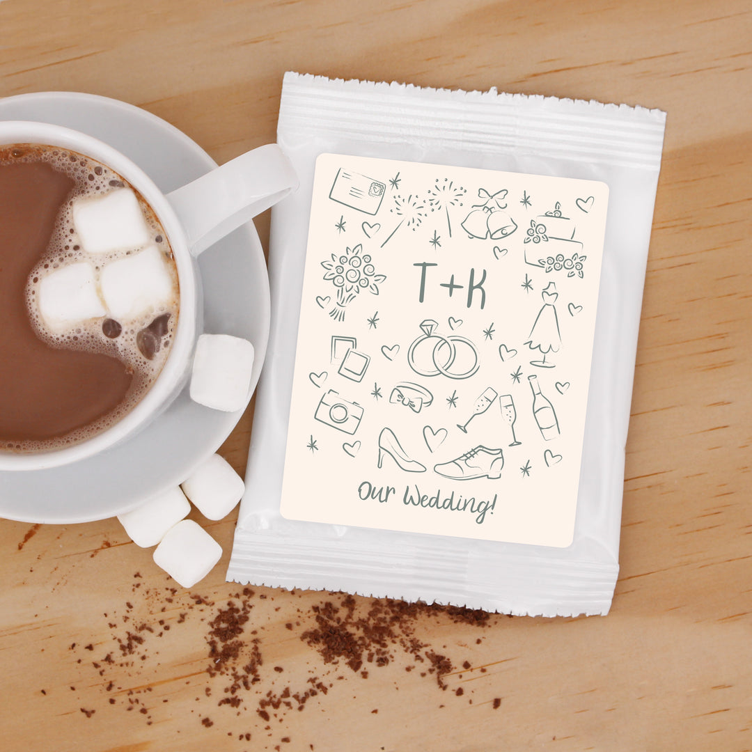 Personalized Hot Chocolate Wedding Favors, Hand Drawn Wedding Icon Pattern Sketch