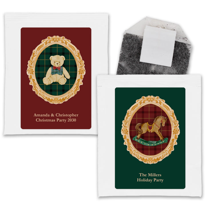 Traditional Christmas Party Tea Favors, Personalized Tea Bags, Gold Frame Christmas Tea