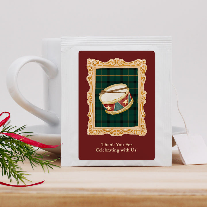 Traditional Christmas Party Tea Favors, Personalized Tea Bags, Gold Frame Christmas Tea