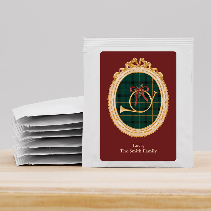 Traditional Christmas Party Tea Favors, Personalized Tea Bags, Gold Frame Christmas Tea