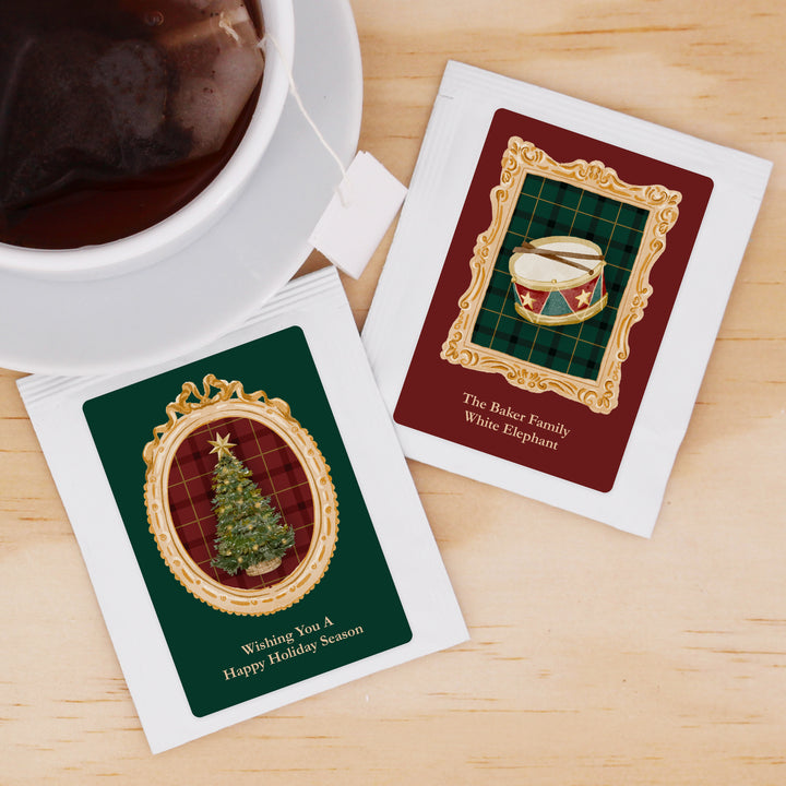 Traditional Christmas Party Tea Favors, Personalized Tea Bags, Gold Frame Christmas Tea