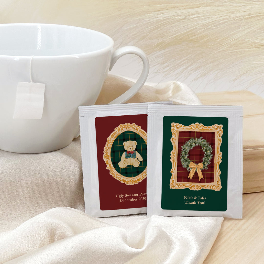 Traditional Christmas Party Tea Favors, Personalized Tea Bags, Gold Frame Christmas Tea