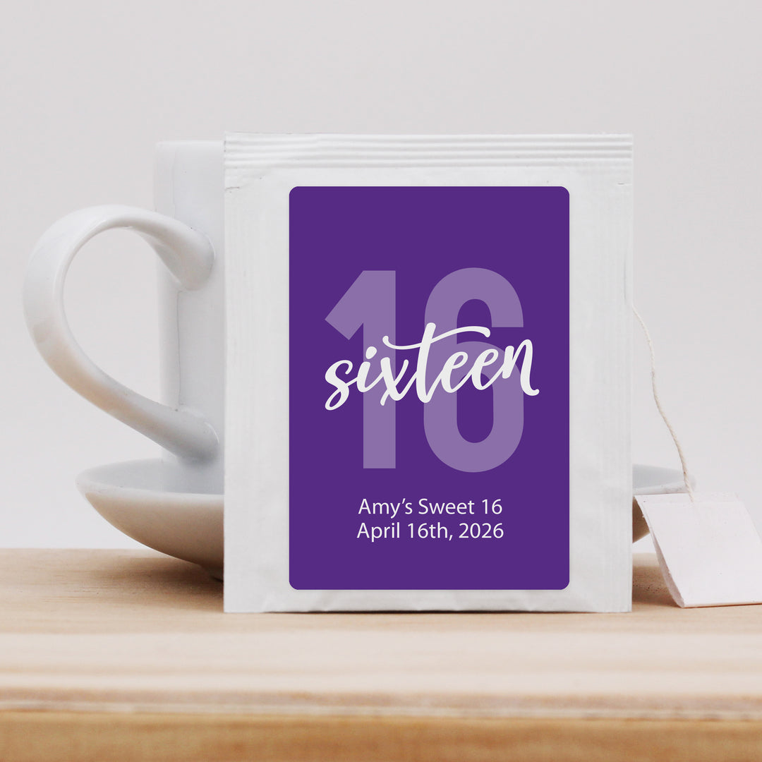 Birthday Party Tea Favors, Bold Number with Script Milestone Birthday