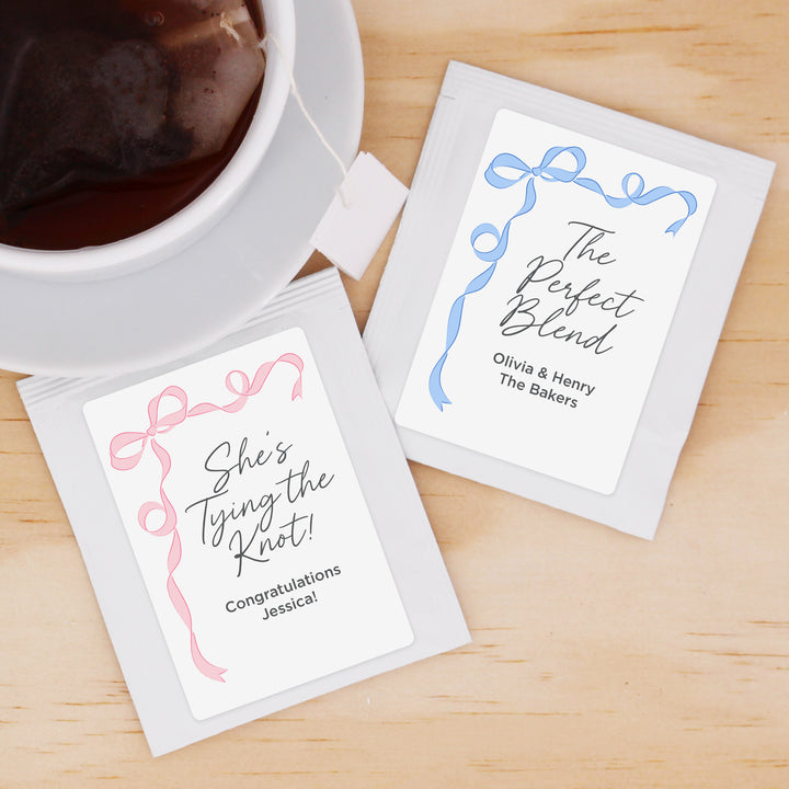 Wedding Favor Personalized Tea Bags, Hand Drawn Ribbon, Tying the Knot