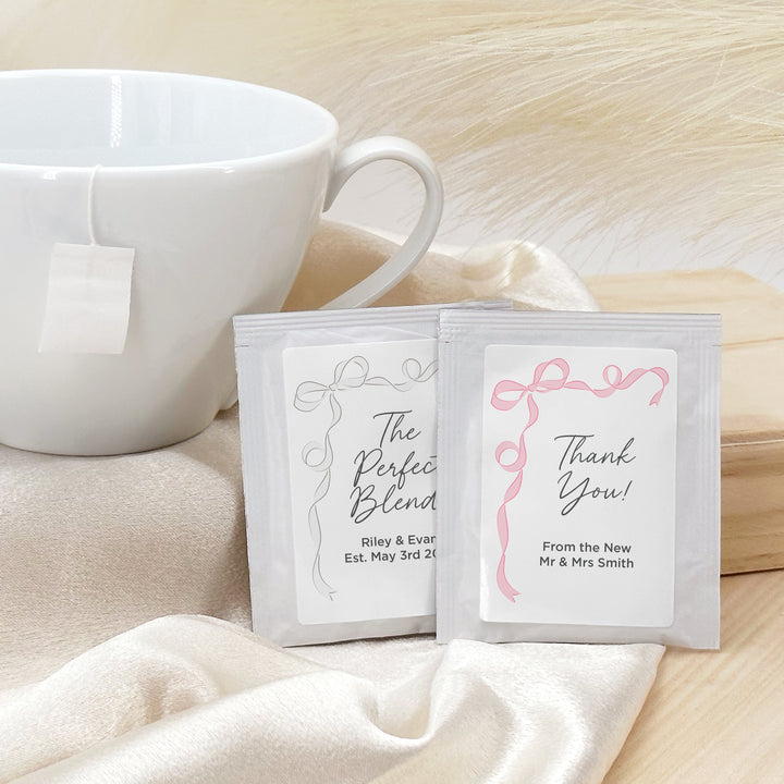 Wedding Favor Personalized Tea Bags, Hand Drawn Ribbon, Tying the Knot