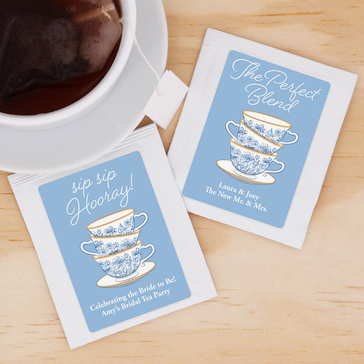 Bridal Shower Personalized Tea Bags, French Toile, Blue Chinoiserie Tea Cup Favors