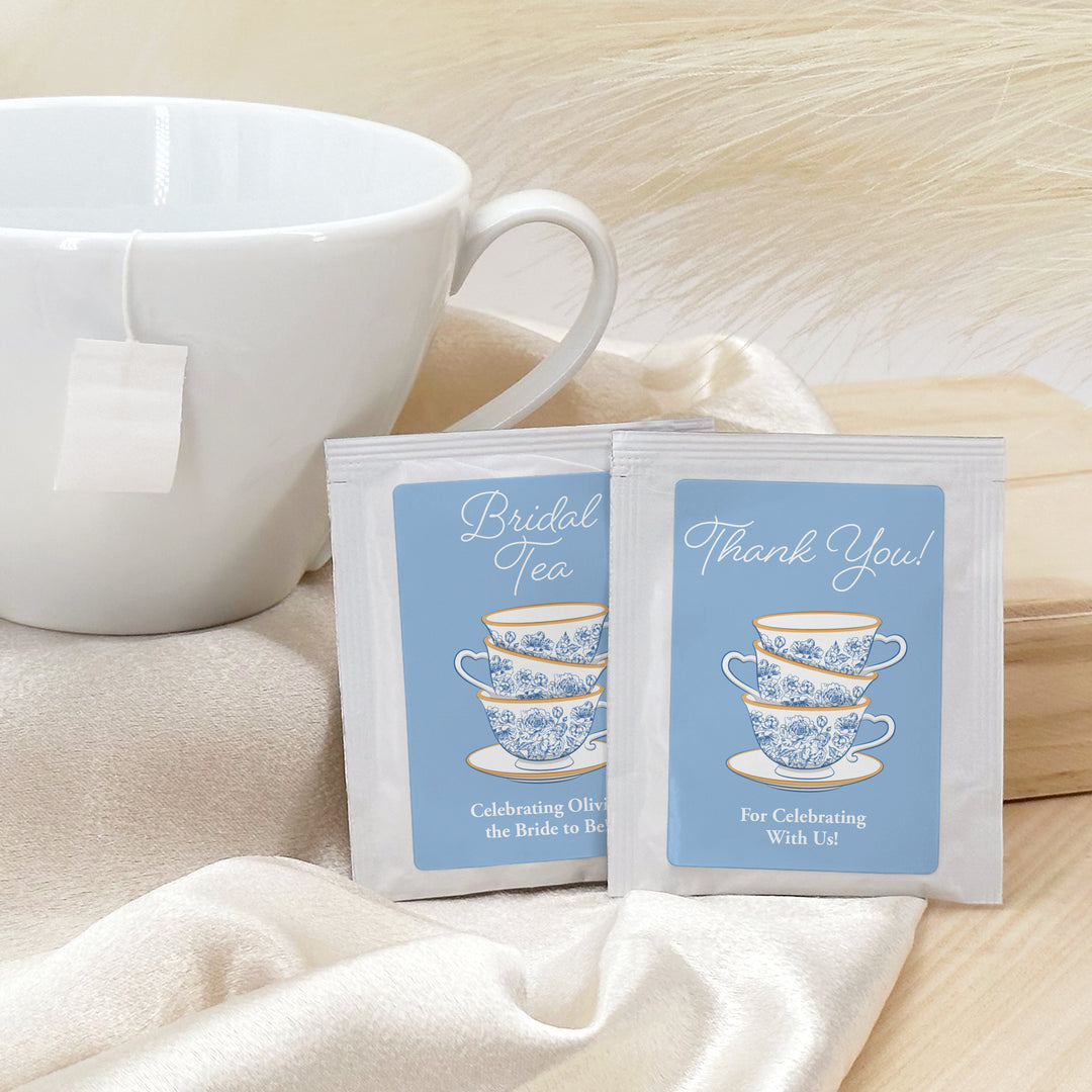 Bridal Shower Personalized Tea Bags, French Toile, Blue Chinoiserie Tea Cup Favors