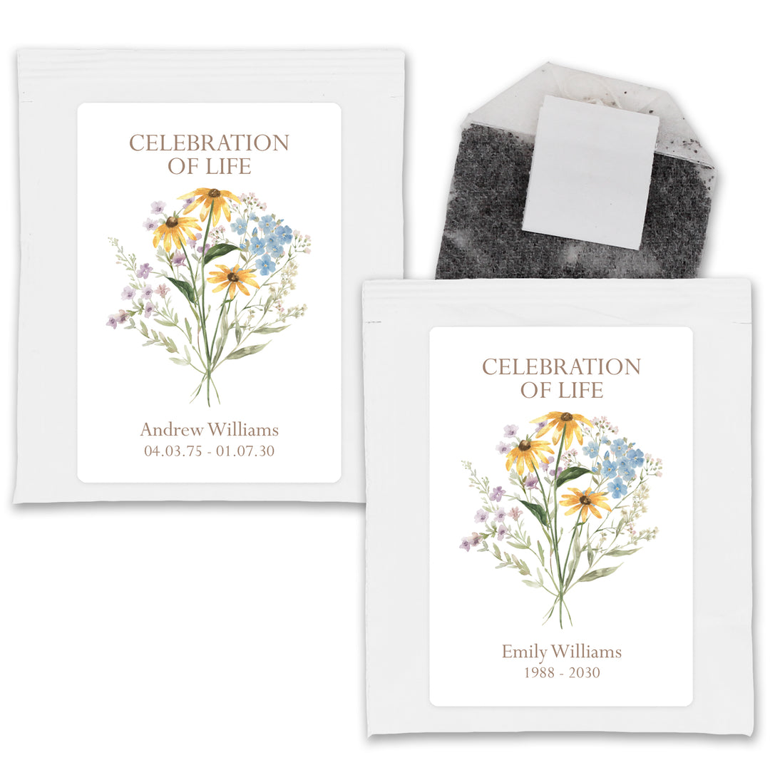 In Loving Memory Funeral Tea Favors, Forever in our Hearts, Wildflower Memorial Tea Bags