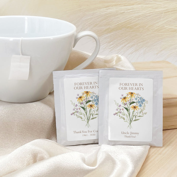 In Loving Memory Funeral Tea Favors, Forever in our Hearts, Wildflower Memorial Tea Bags