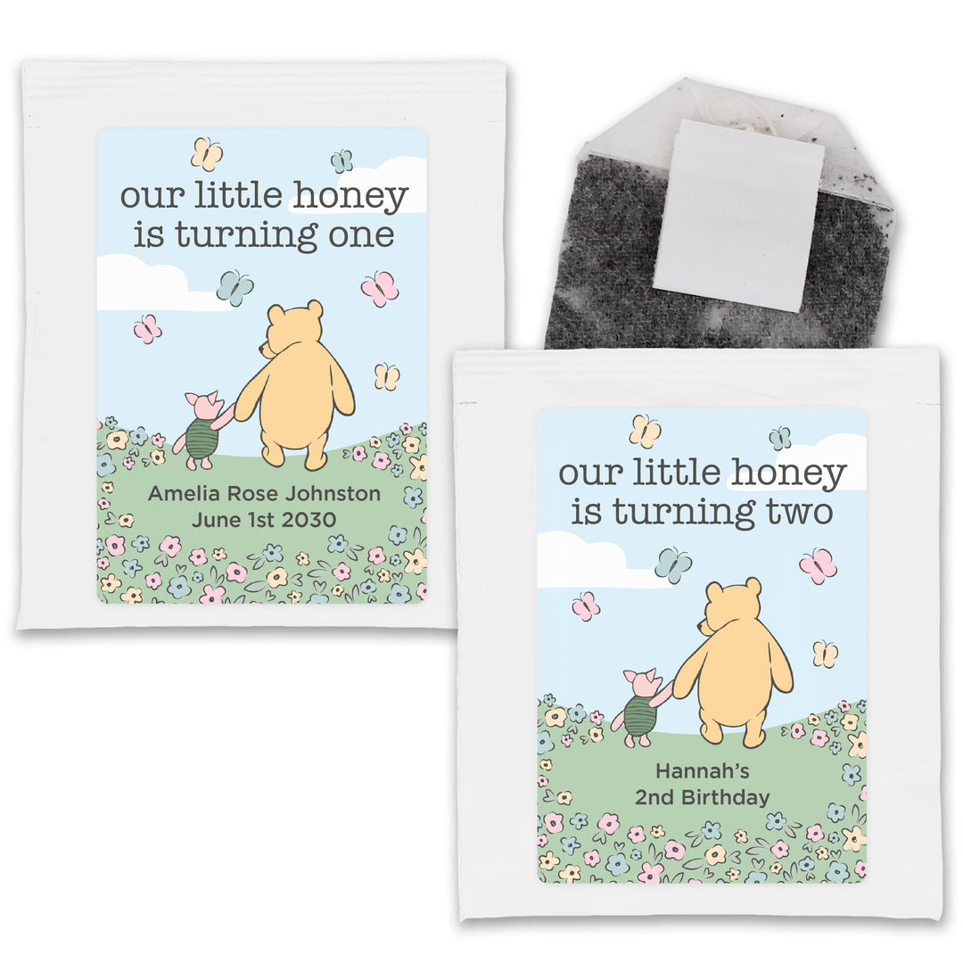Personalized Tea Bags, Classic Winnie the Pooh Birthday Tea Favors, Our Little Honey Turning One, Winnie the Pooh & Piglet Blue Skies