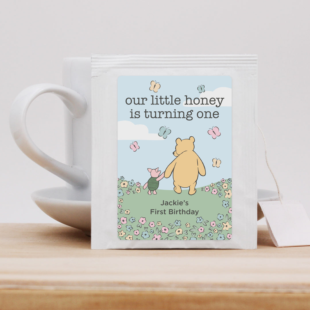 Personalized Tea Bags, Classic Winnie the Pooh Birthday Tea Favors, Our Little Honey Turning One, Winnie the Pooh & Piglet Blue Skies