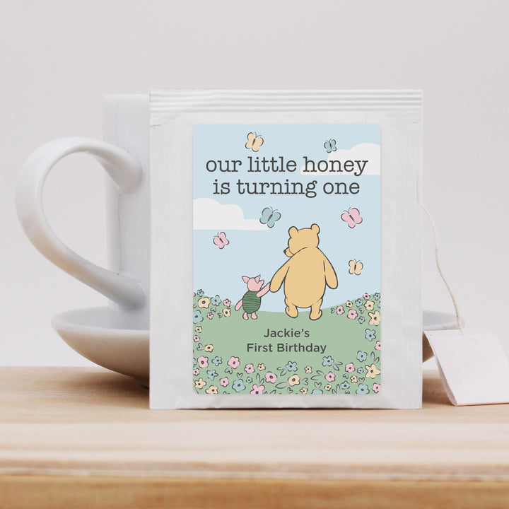 Personalized Tea Bags, Classic Winnie the Pooh Birthday Tea Favors, Our Little Honey Turning One, Winnie the Pooh & Piglet Blue Skies