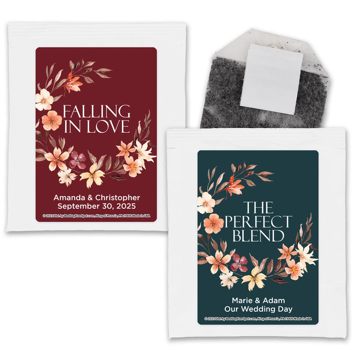 Personalized Wedding Tea Bags, Bridal Shower Tea Party, Watercolor Autumn Wreath Tea Bags