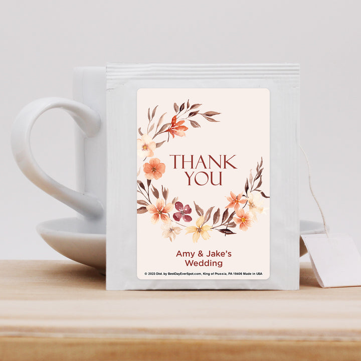Personalized Wedding Tea Bags, Bridal Shower Tea Party, Watercolor Autumn Wreath Tea Bags